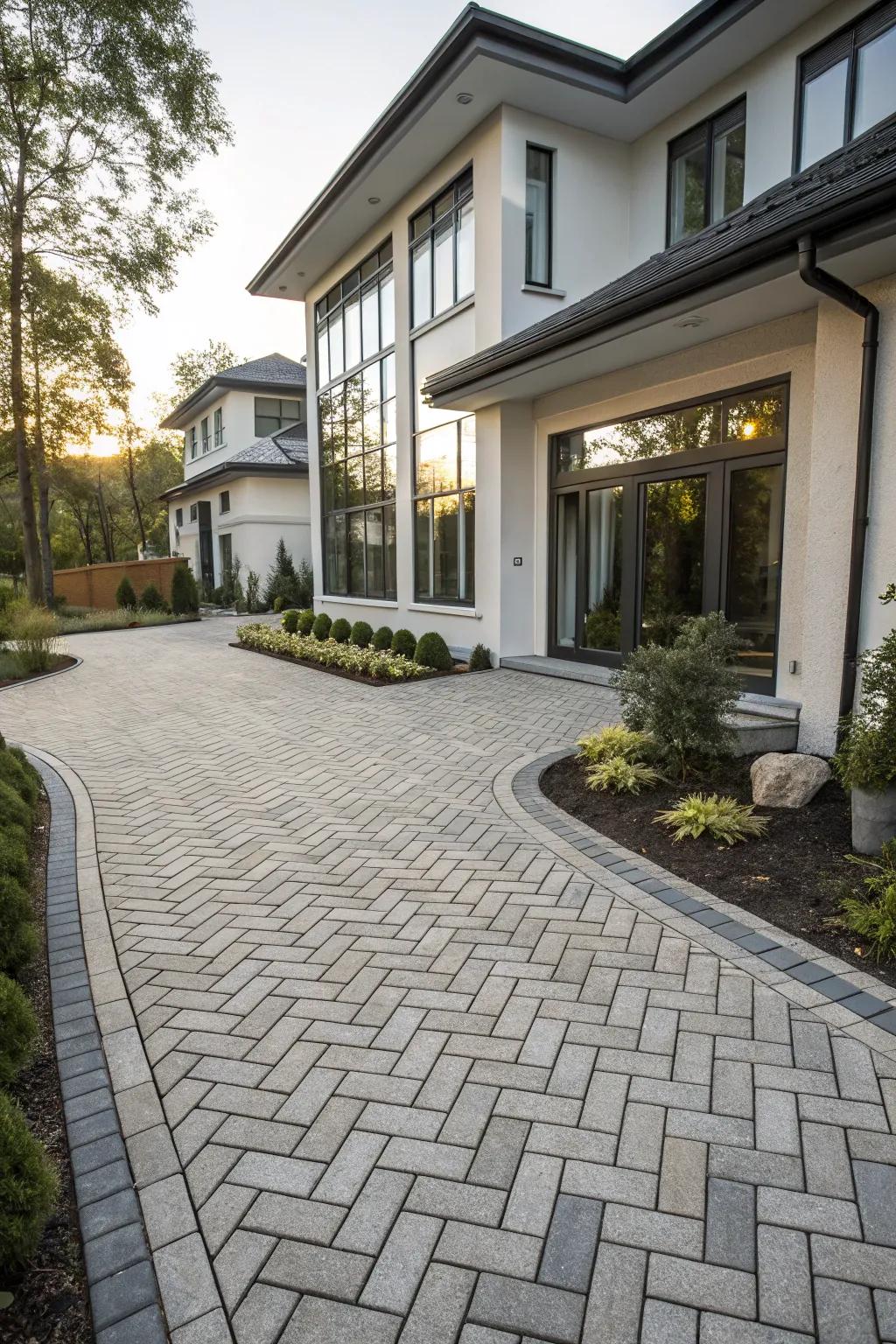 Intricate paving stone patterns adding elegance to driveway.