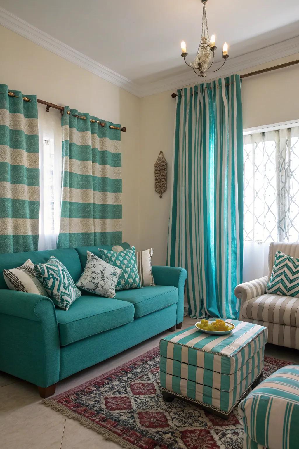 Striped teal and turquoise patterns add a lively yet refined touch.