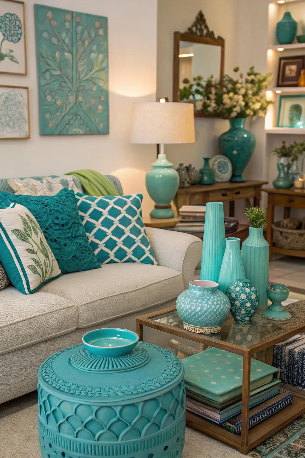 Eclectic teal and turquoise accessories add unique personality to the room.