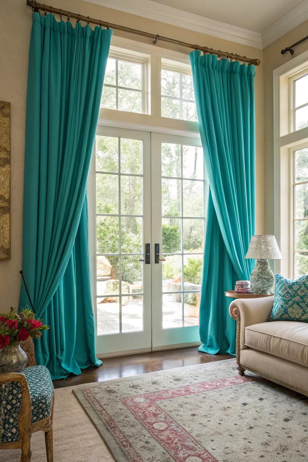 Teal and turquoise curtains stylishly control light and privacy.