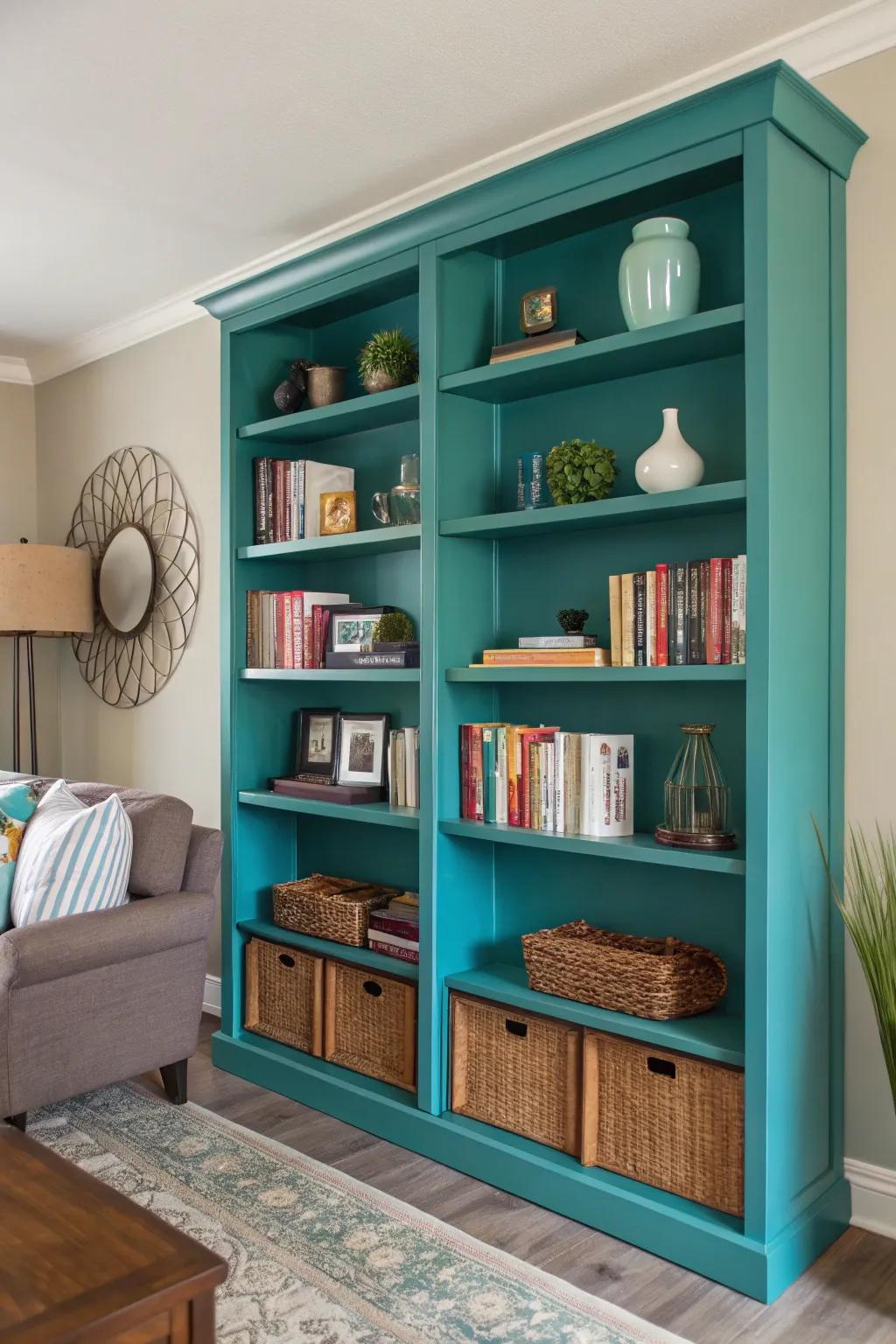 Teal shelves combine practicality with a chic splash of color.
