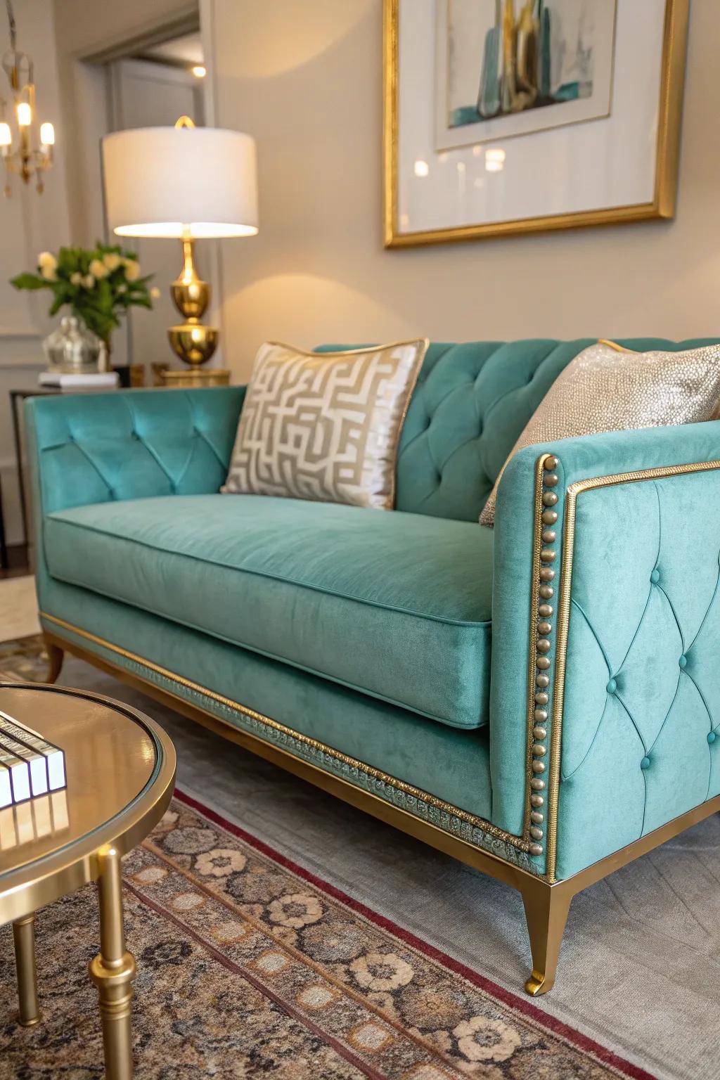 Turquoise sofas serve as stunning focal points enhanced by metallic accents.