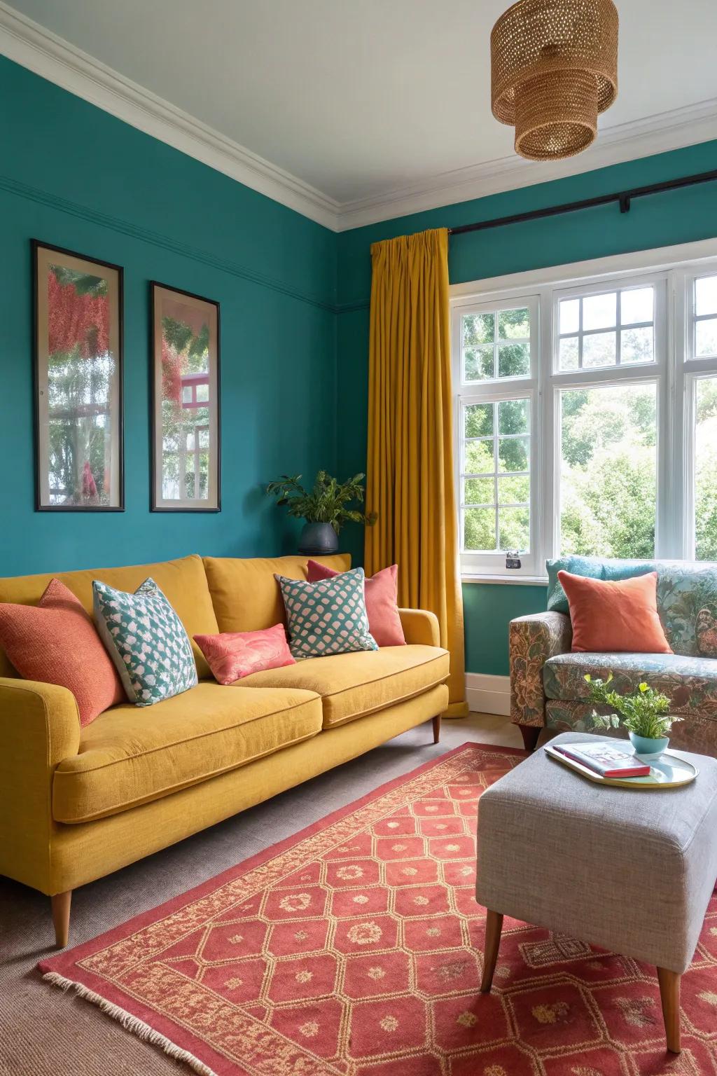 Mustard and coral accents add warmth and depth to teal-themed interiors.