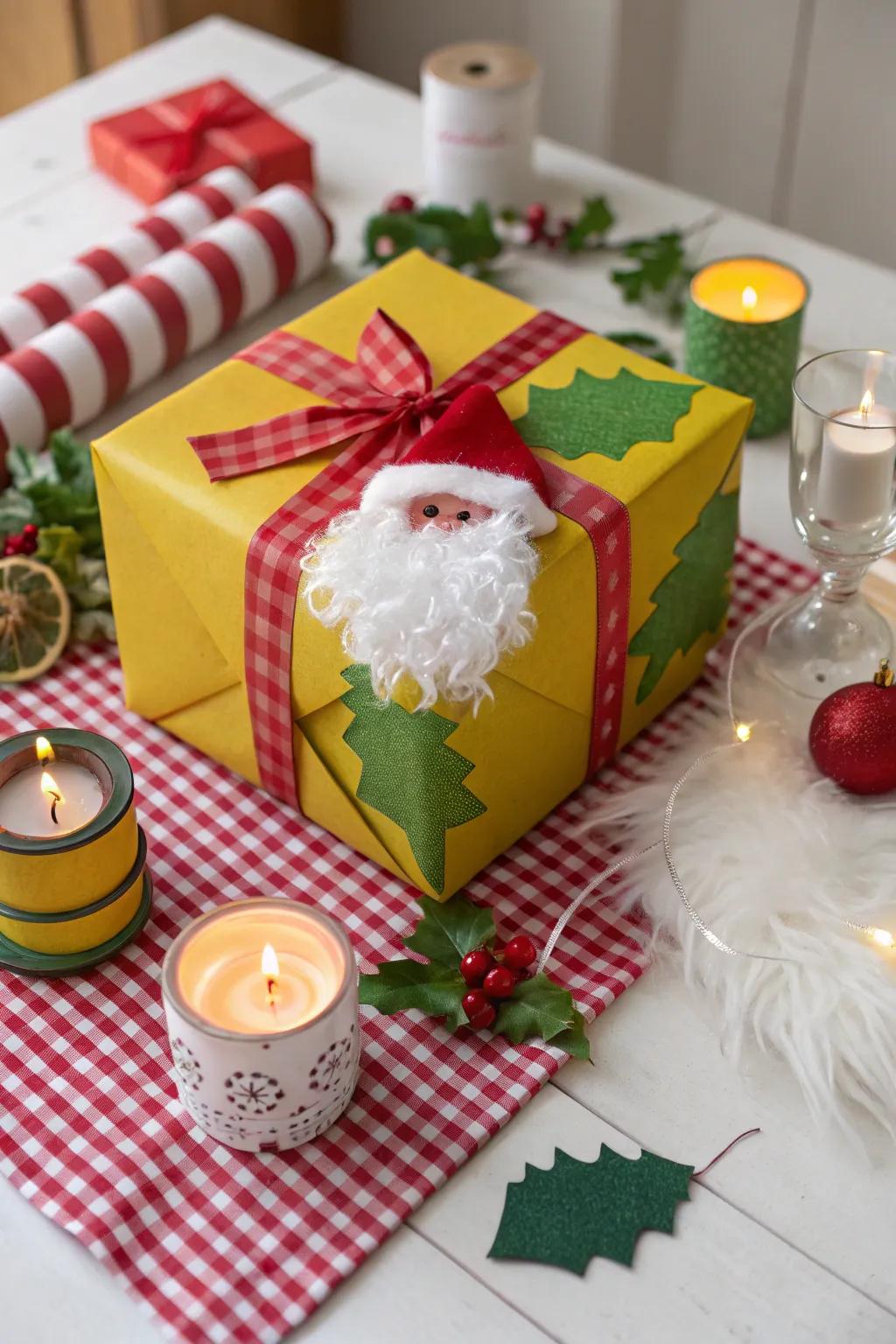 A gift box decorated with soft materials to resemble Santa's iconic beard.