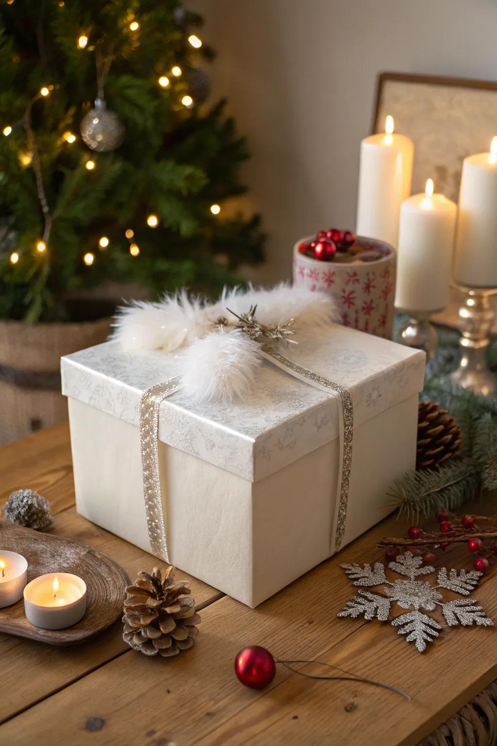A Santa gift box enhanced with plush faux fur trim for a cozy feel.