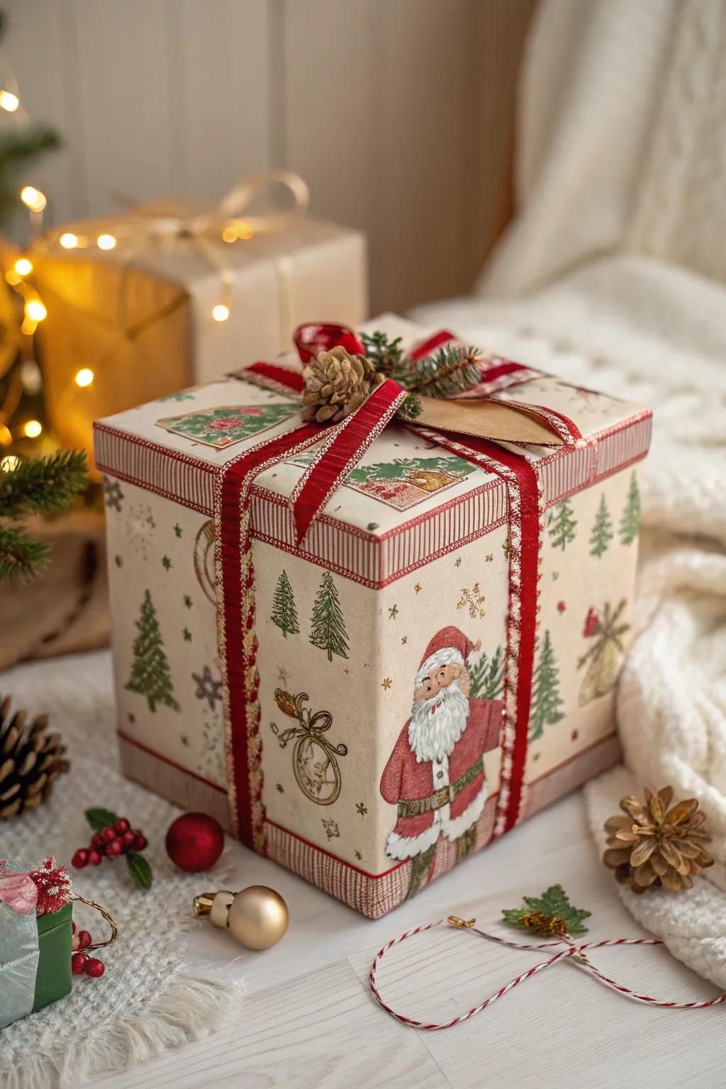A gift box featuring vintage-inspired Santa designs for timeless holiday appeal.