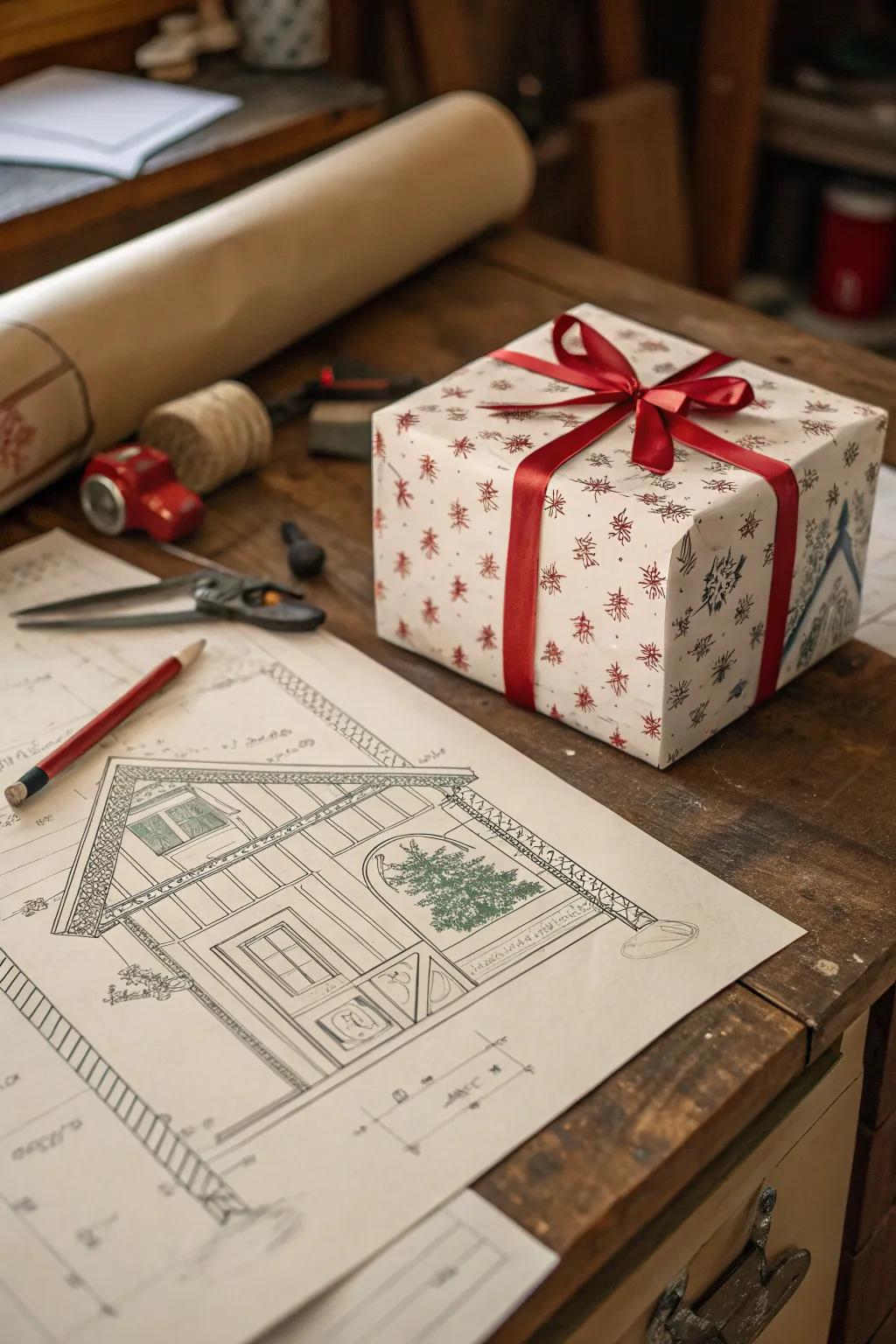 Blueprint-style designs bring Santa's workshop to life on a gift box.