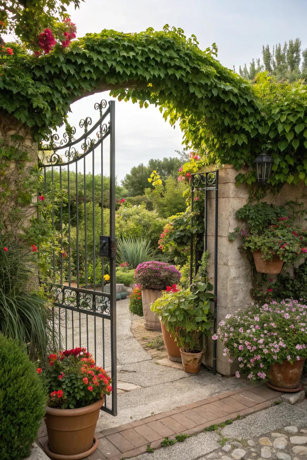 Gate surrounded by lush greenery