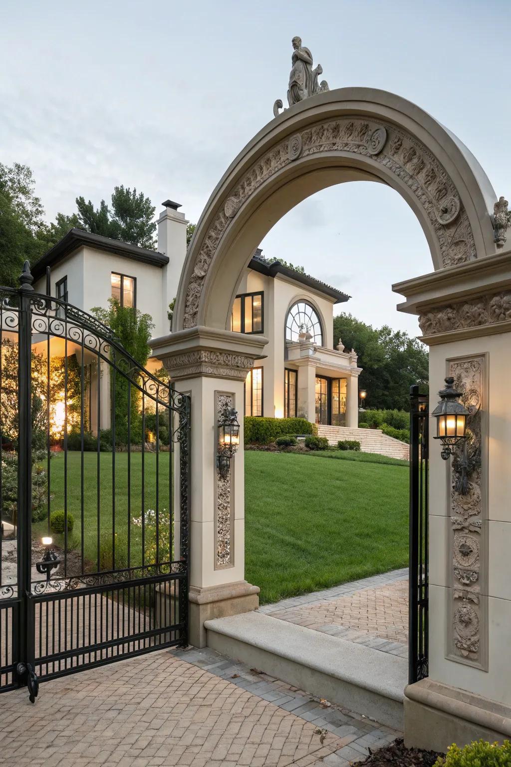Gate adorned with sculptural accents
