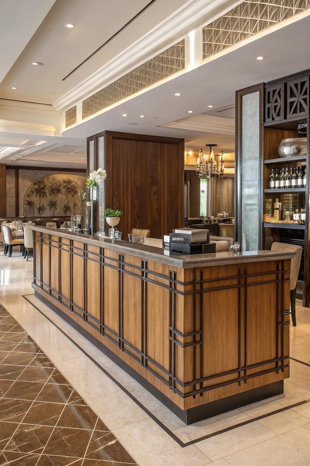 Combining traditional and modern elements creates a versatile reception station.