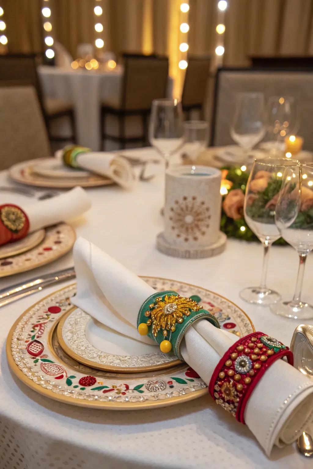 Festive napkin holders add a charming detail.