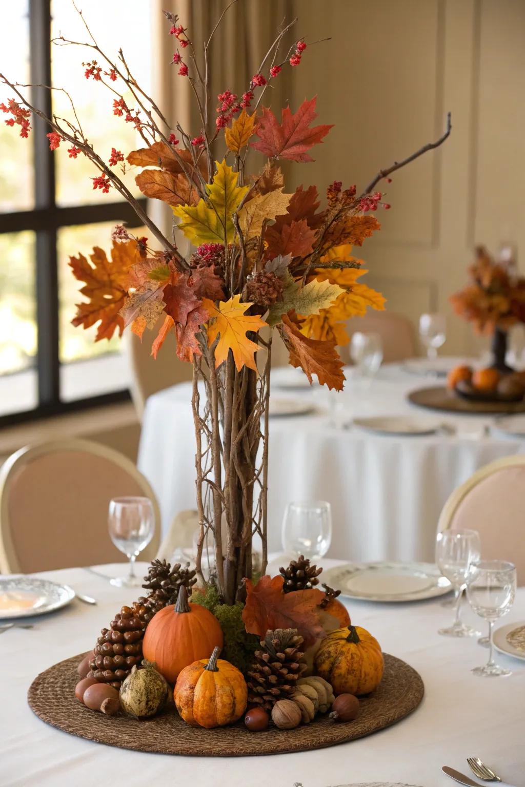 Tall centerpieces add drama and dimension.