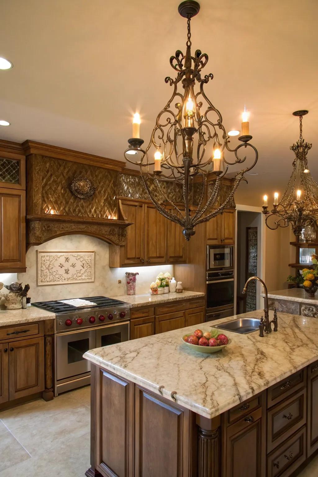 Statement lighting fixtures create a captivating focal point in your kitchen.