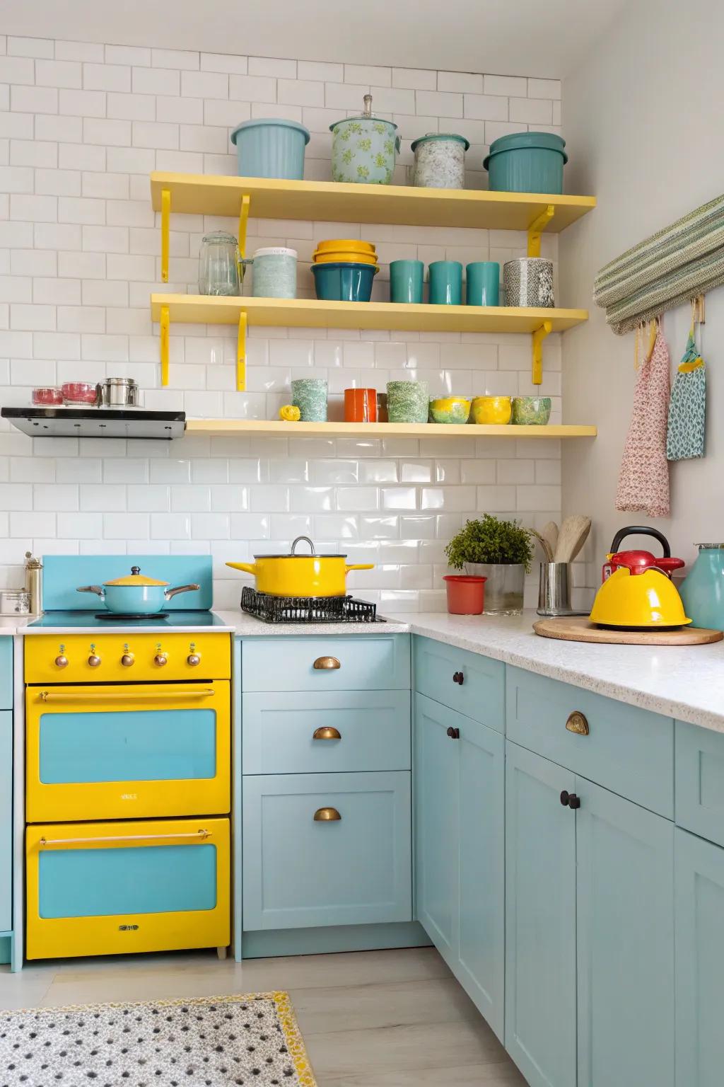 Bright colors energize a whimsical kitchen environment.