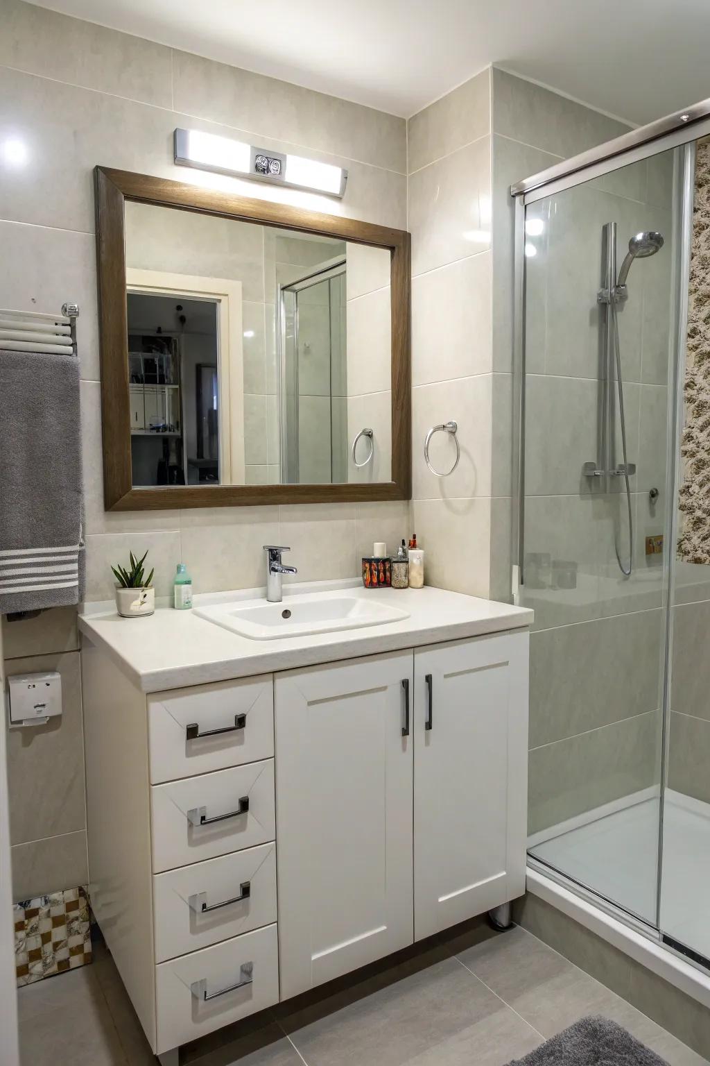 Corner vanity combining elegance and storage