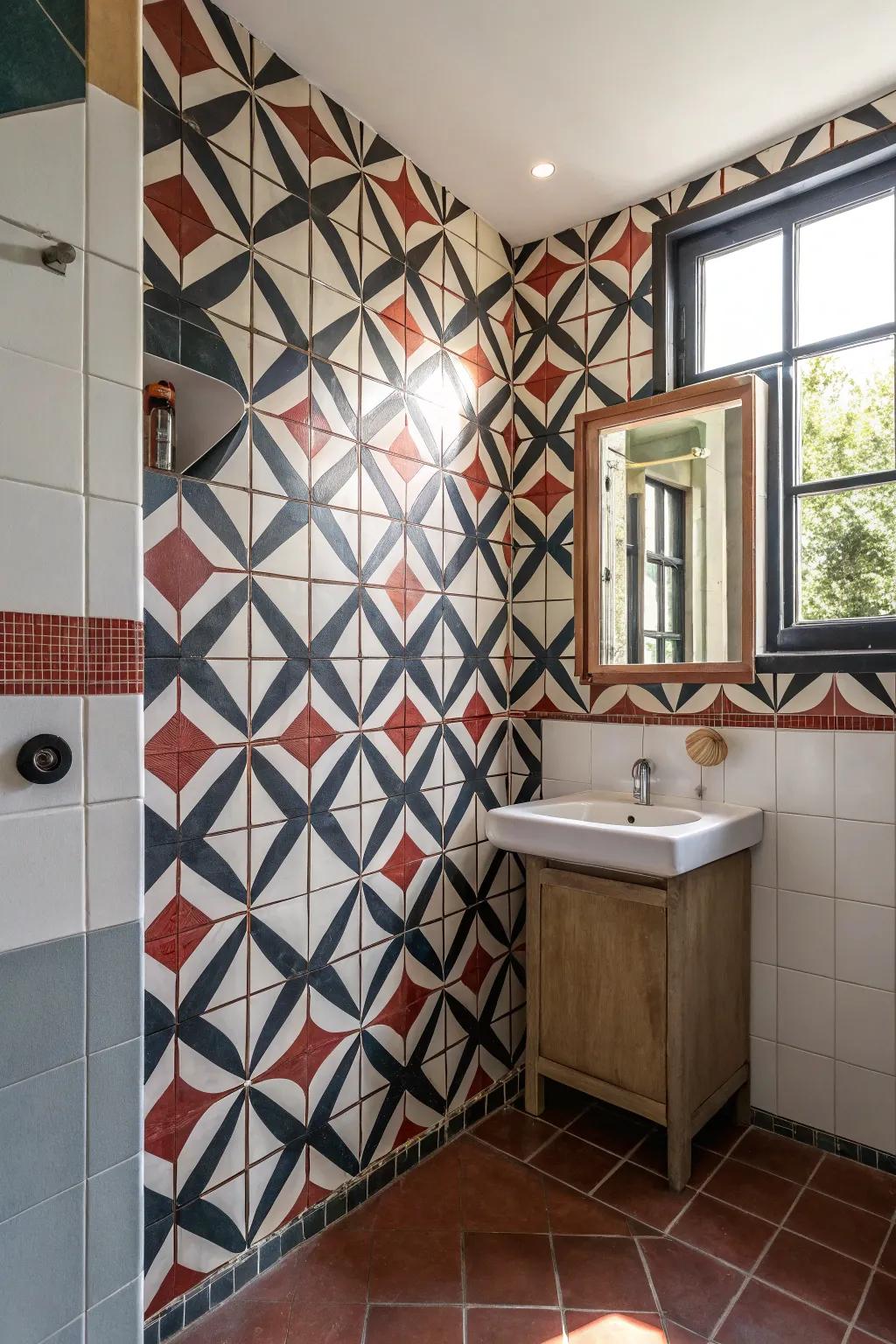 Unique tile designs enhancing bathroom corners