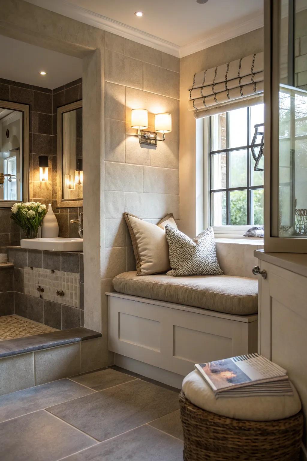 Comfortable seating nook in bathroom corner