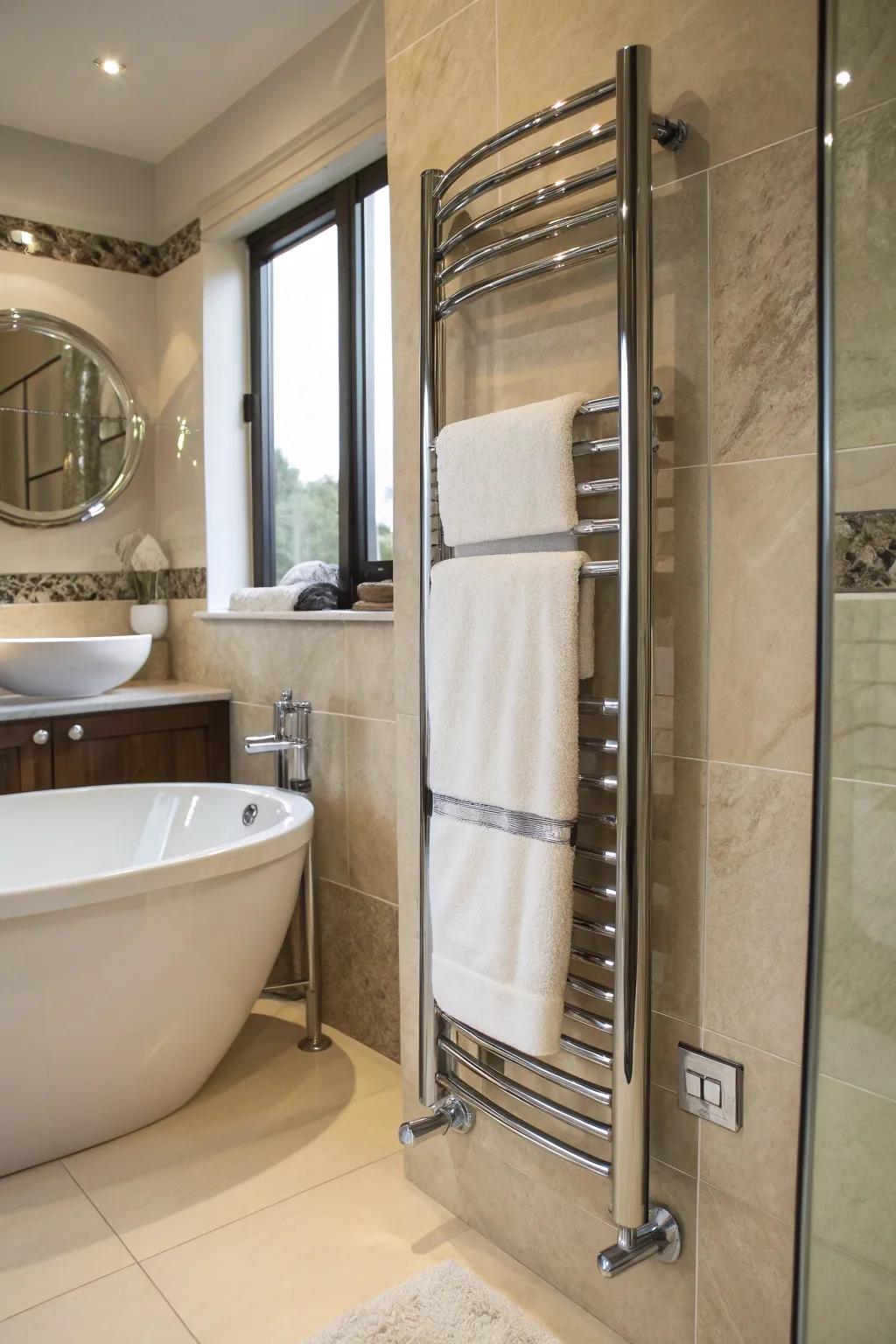 Corner towel warmer adding comfort and luxury