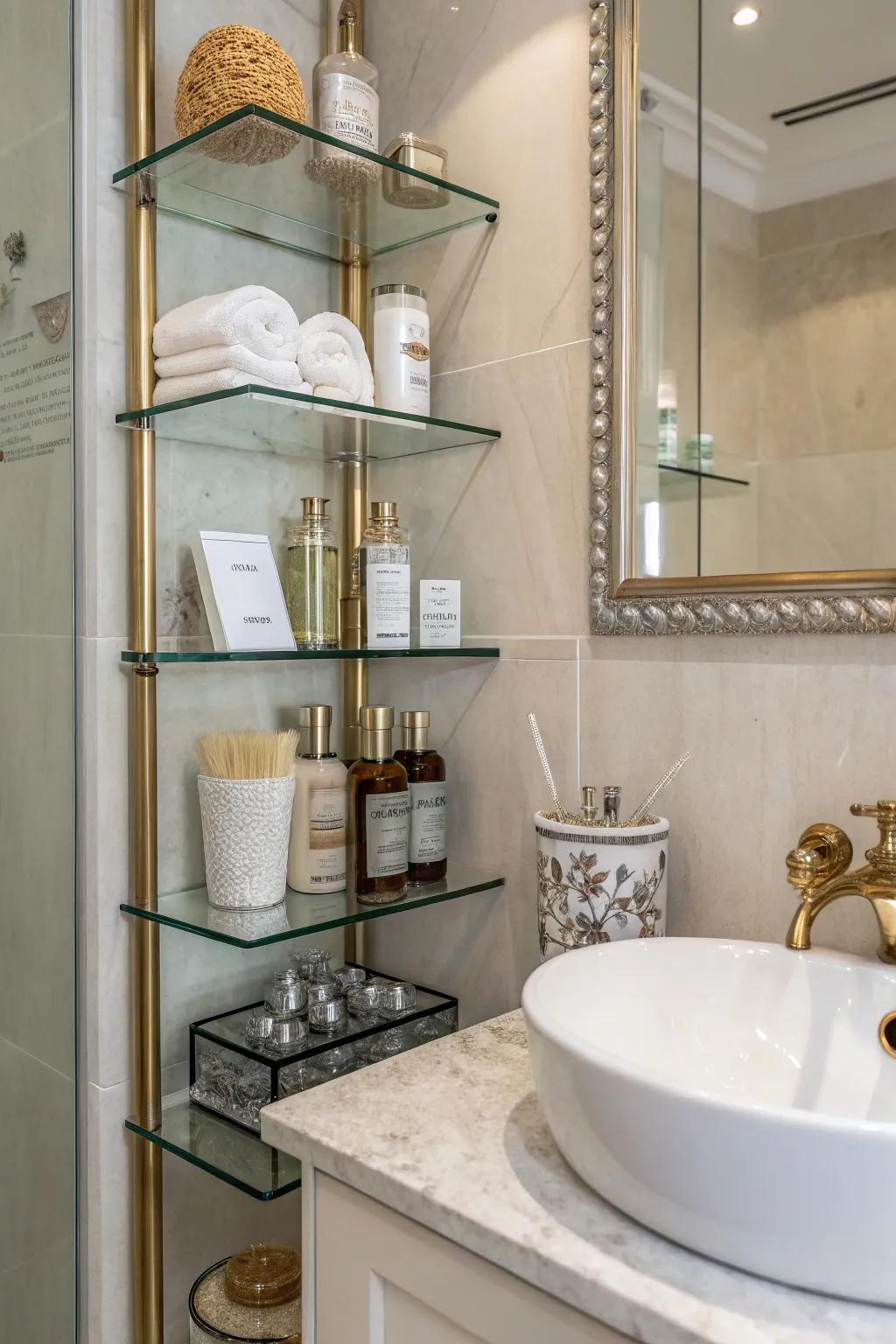 Glass shelves providing minimalist storage in bathroom corners