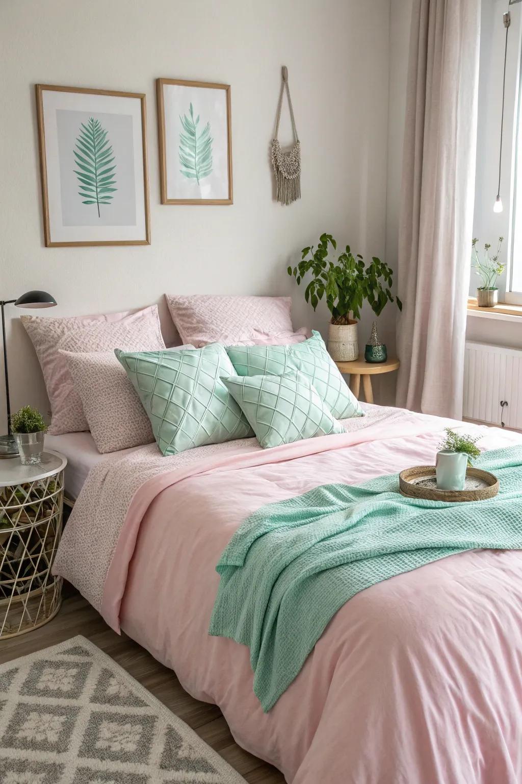 Gentle pink and green tones create a calming bedroom environment.