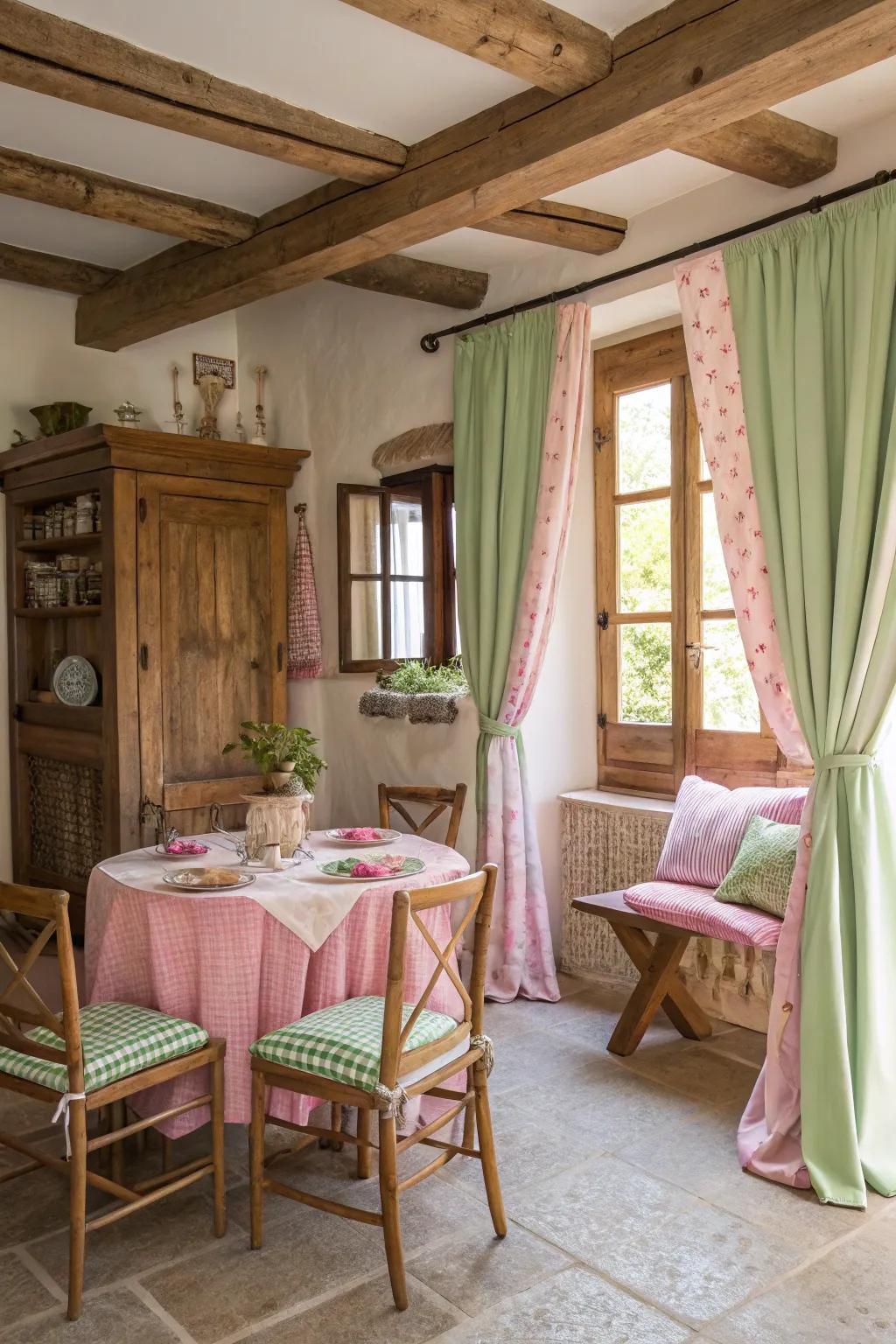 Wooden furniture paired with pink and green fabrics creates a cozy rustic vibe.