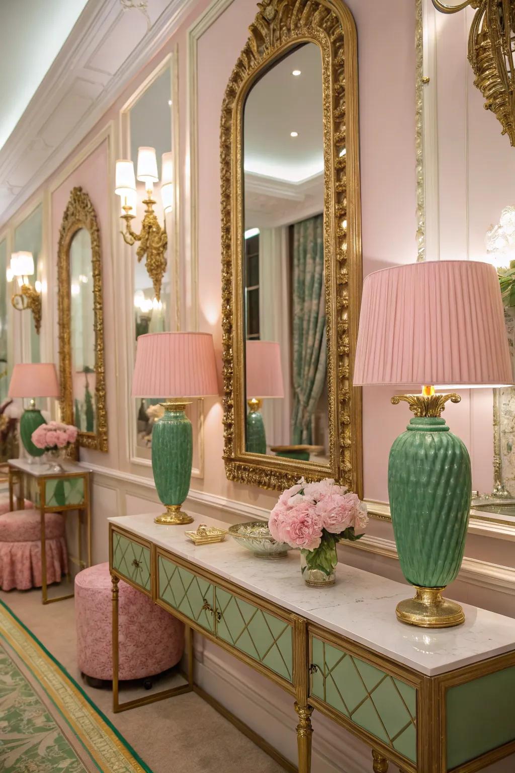 Gold accents paired with pink and green enhance the room's luxurious feel.