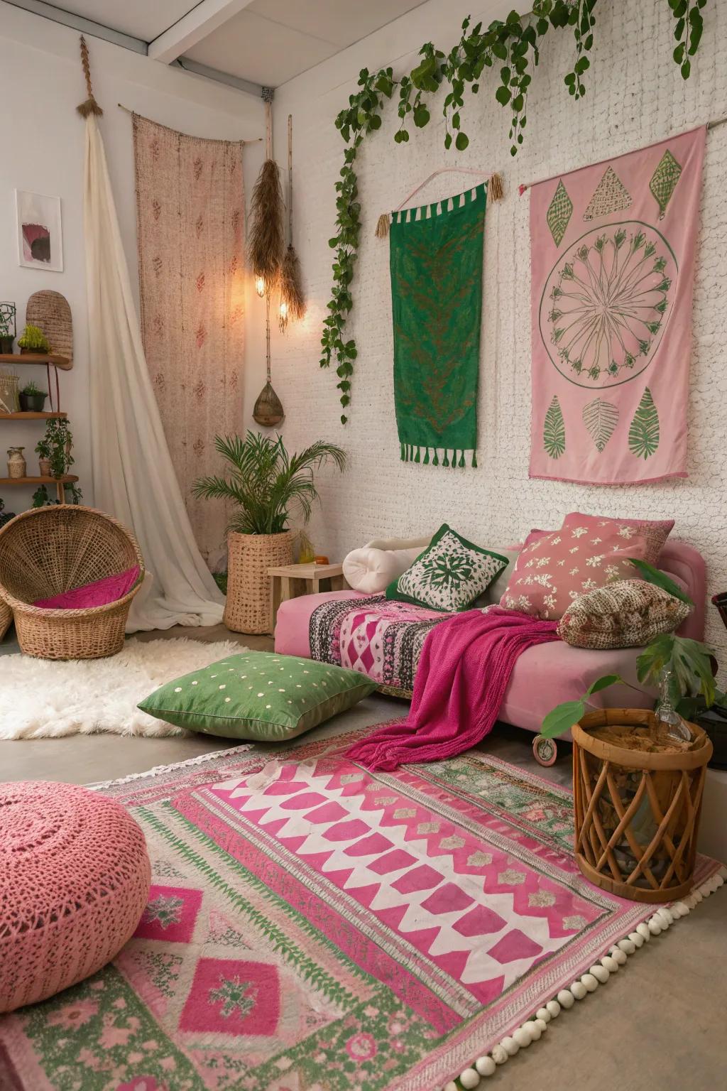 Layered pink and green textiles create a bohemian-inspired space.