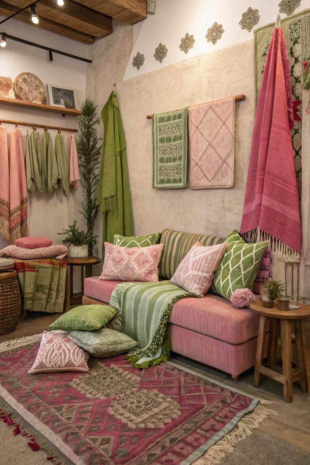 Mixing various pink and green fabrics adds warmth and personality.