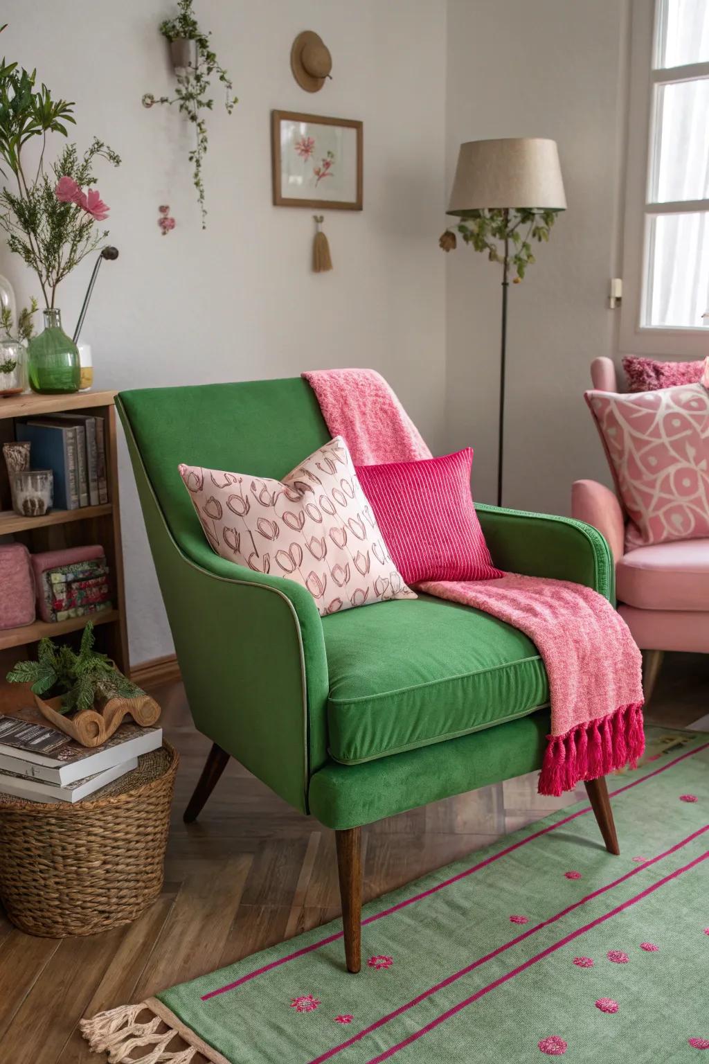 A green chair paired with pink accessories creates a striking focal point.