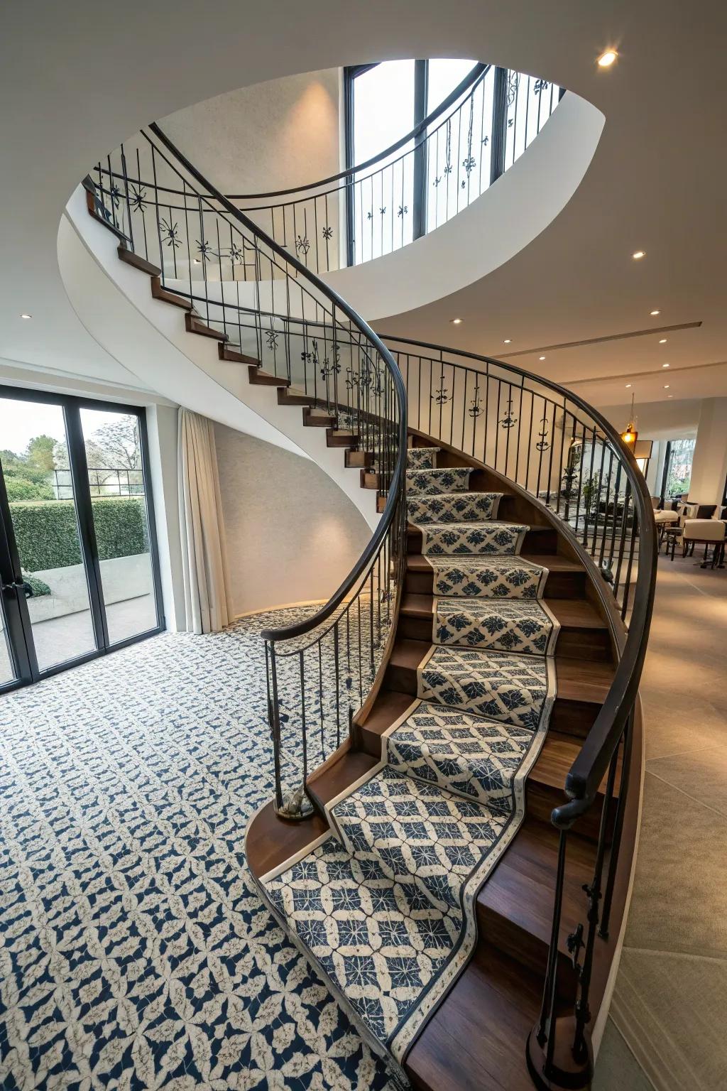 Elegant spiral staircase maximizing space.