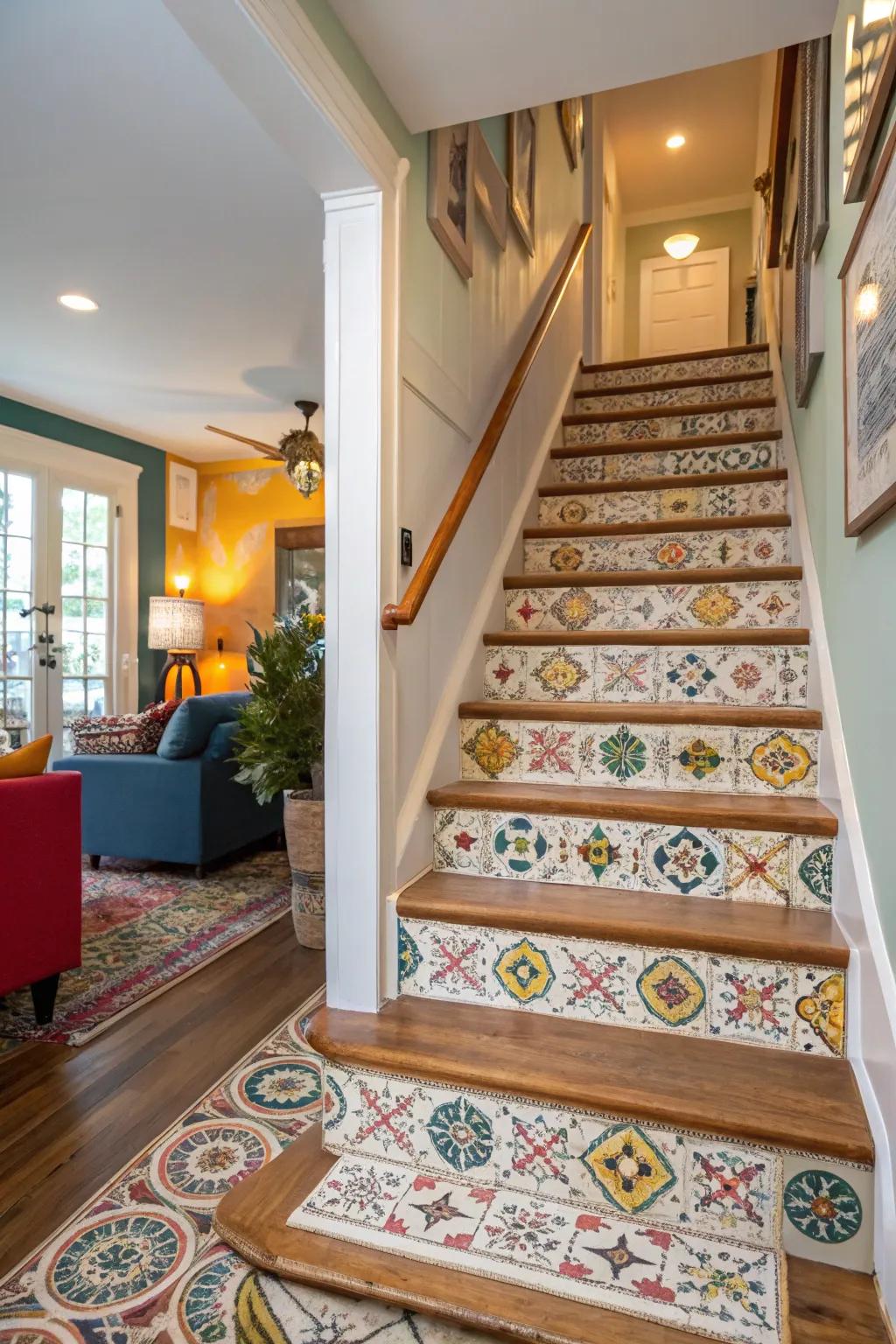 Add playful patterns with vinyl staircase flooring.