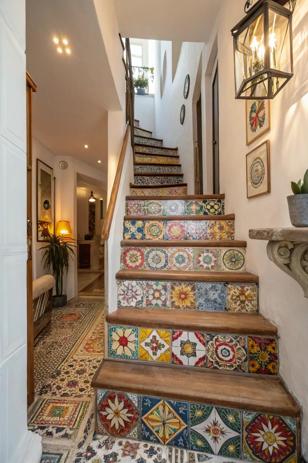 Vibrant mosaic tile stairs for artistic flair.
