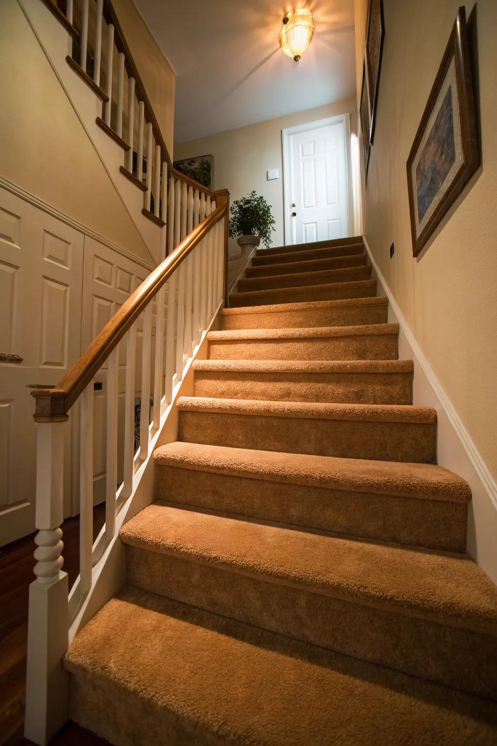 Soft carpeted stairs for added comfort and style.