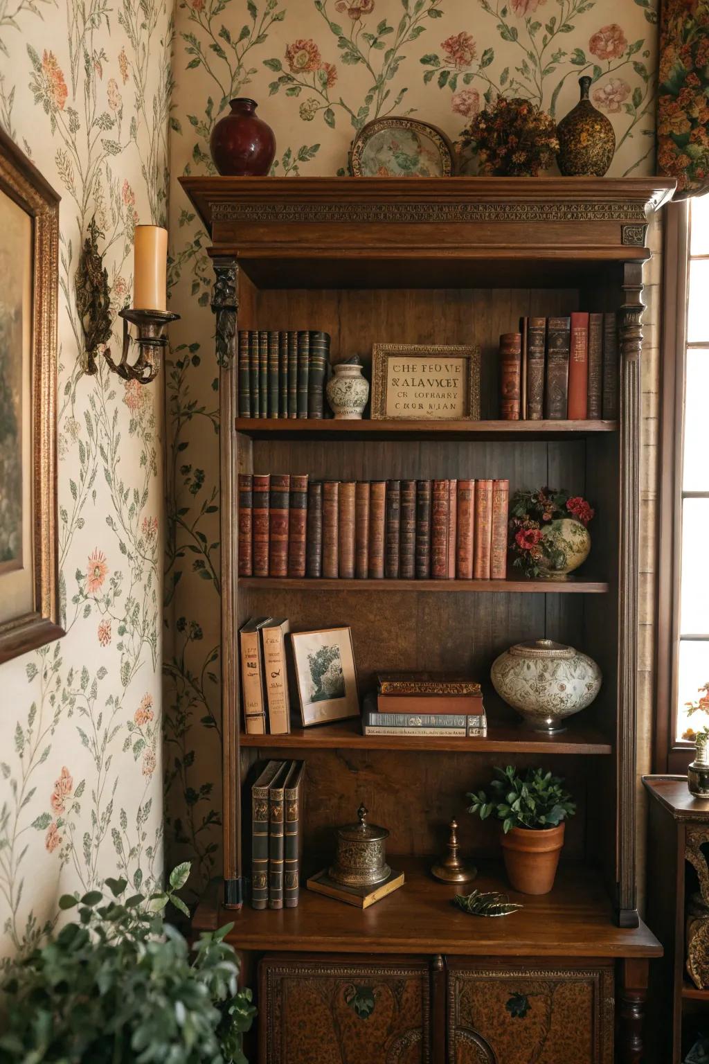 Bookshelf decorated with vintage floral wallpaper, evoking a sentimental charm.