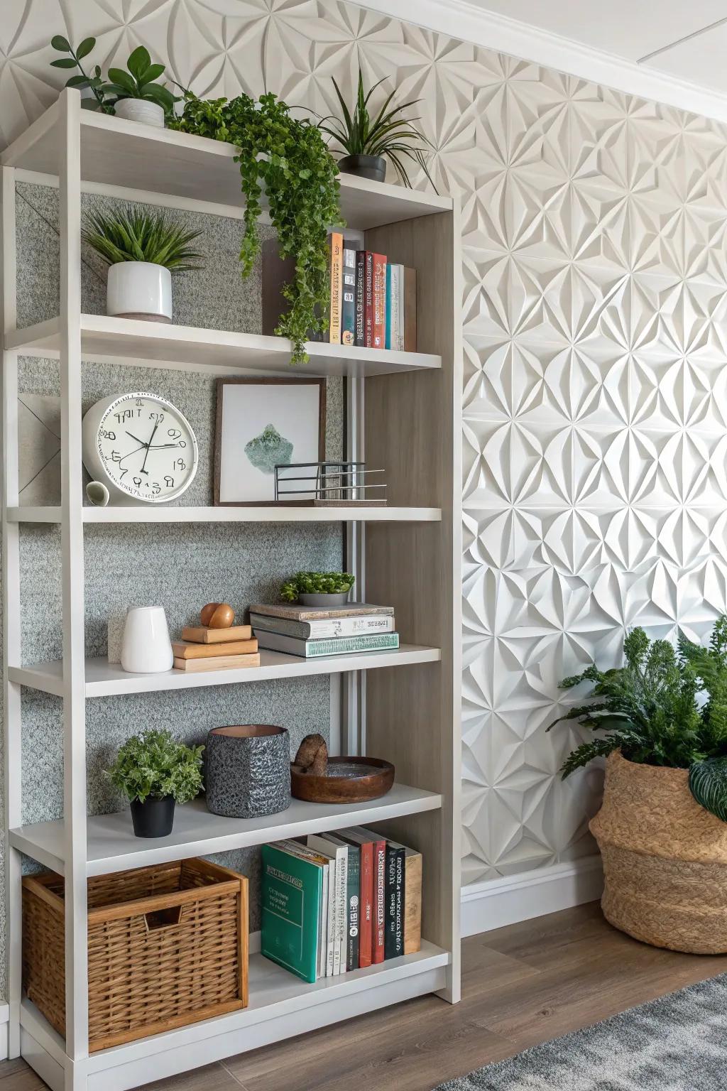 Bookshelf with three-dimensional textured wallpaper, adding depth and interest.