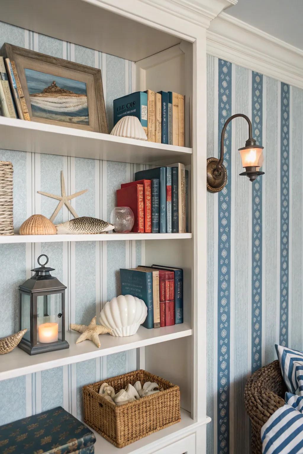 Bookshelf with nautical striped wallpaper, evoking a fresh coastal feel.