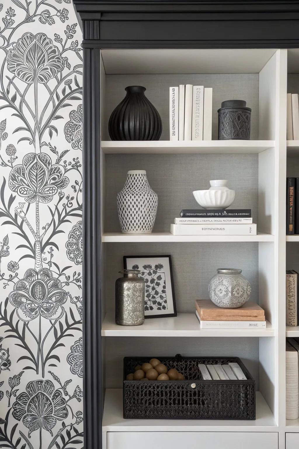 Bookshelf with black and white wallpaper, creating a modern and striking contrast.