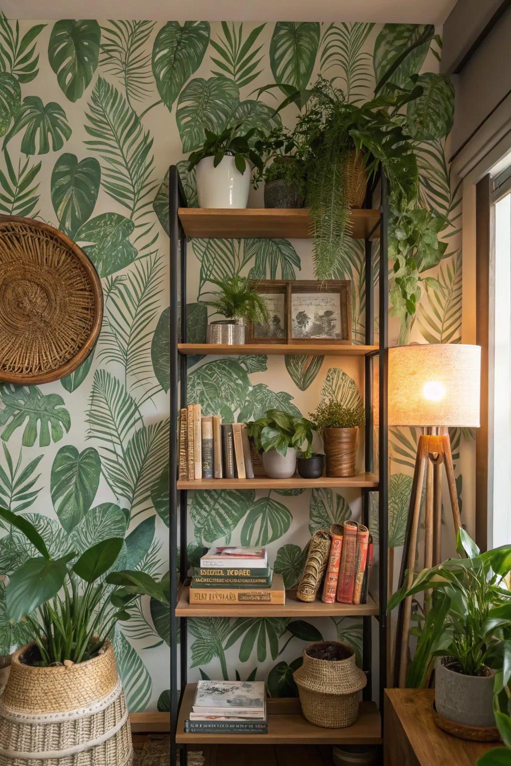 Bookshelf with lush botanical wallpaper, creating a fresh natural atmosphere.