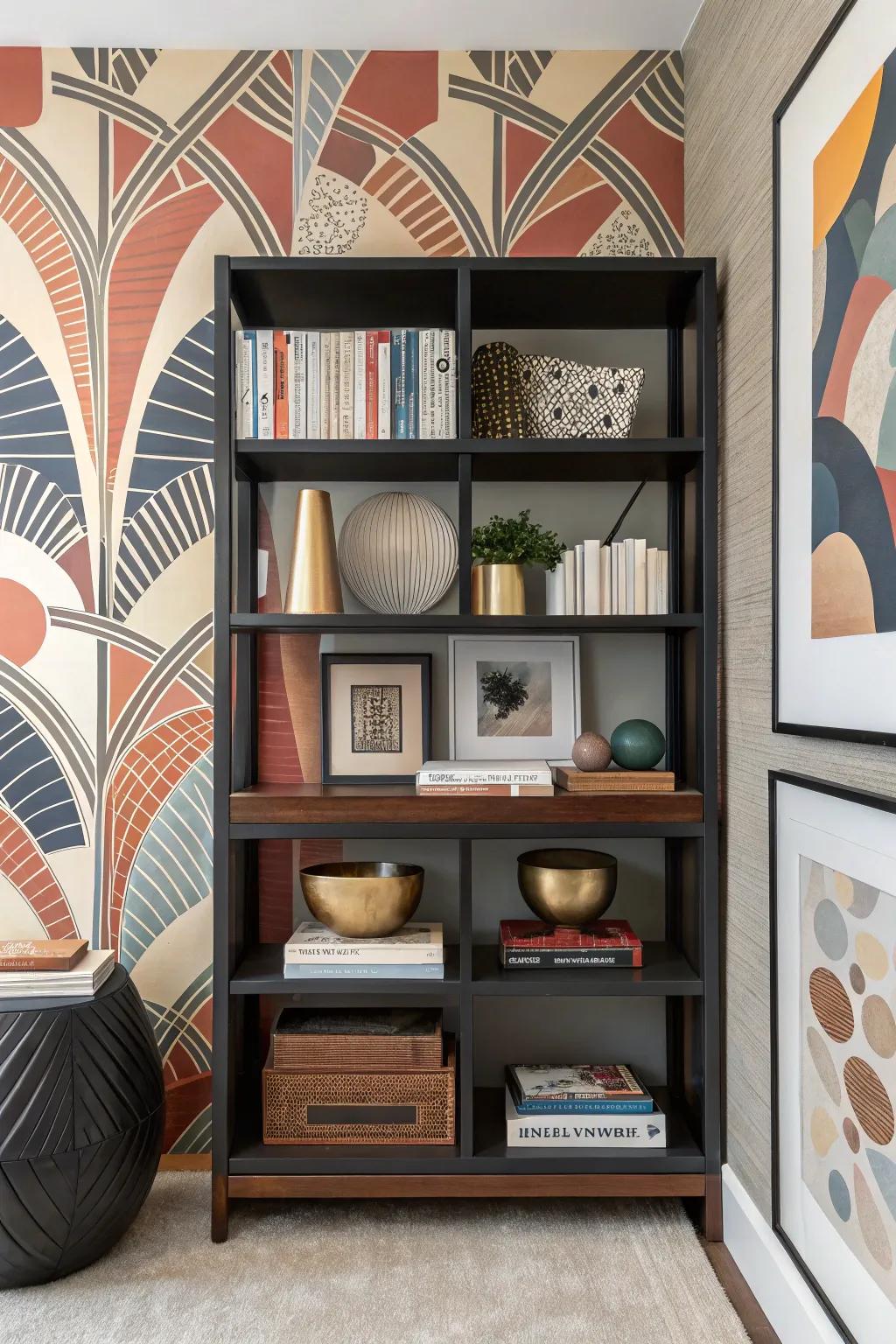 Bookshelf with bold abstract art wallpaper, making a creative statement.