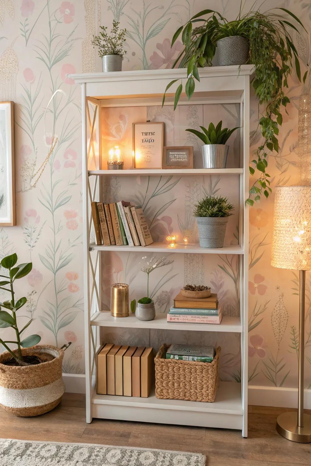 Bookshelf with soft pastel wallpaper, creating a peaceful reading space.