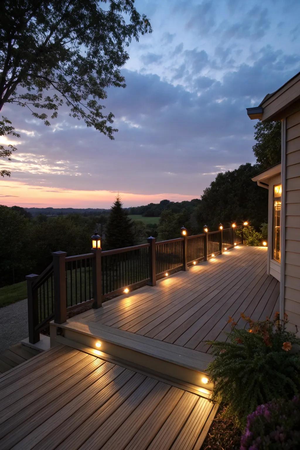 Built-in lighting softly illuminates the deck, creating a cozy atmosphere.
