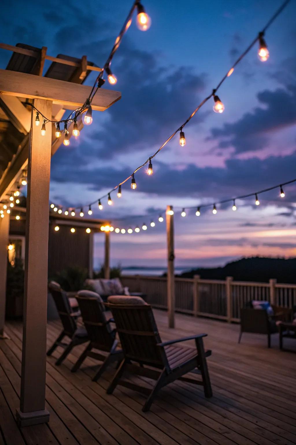 Delicate string lights create a magical ambiance on this cozy deck.