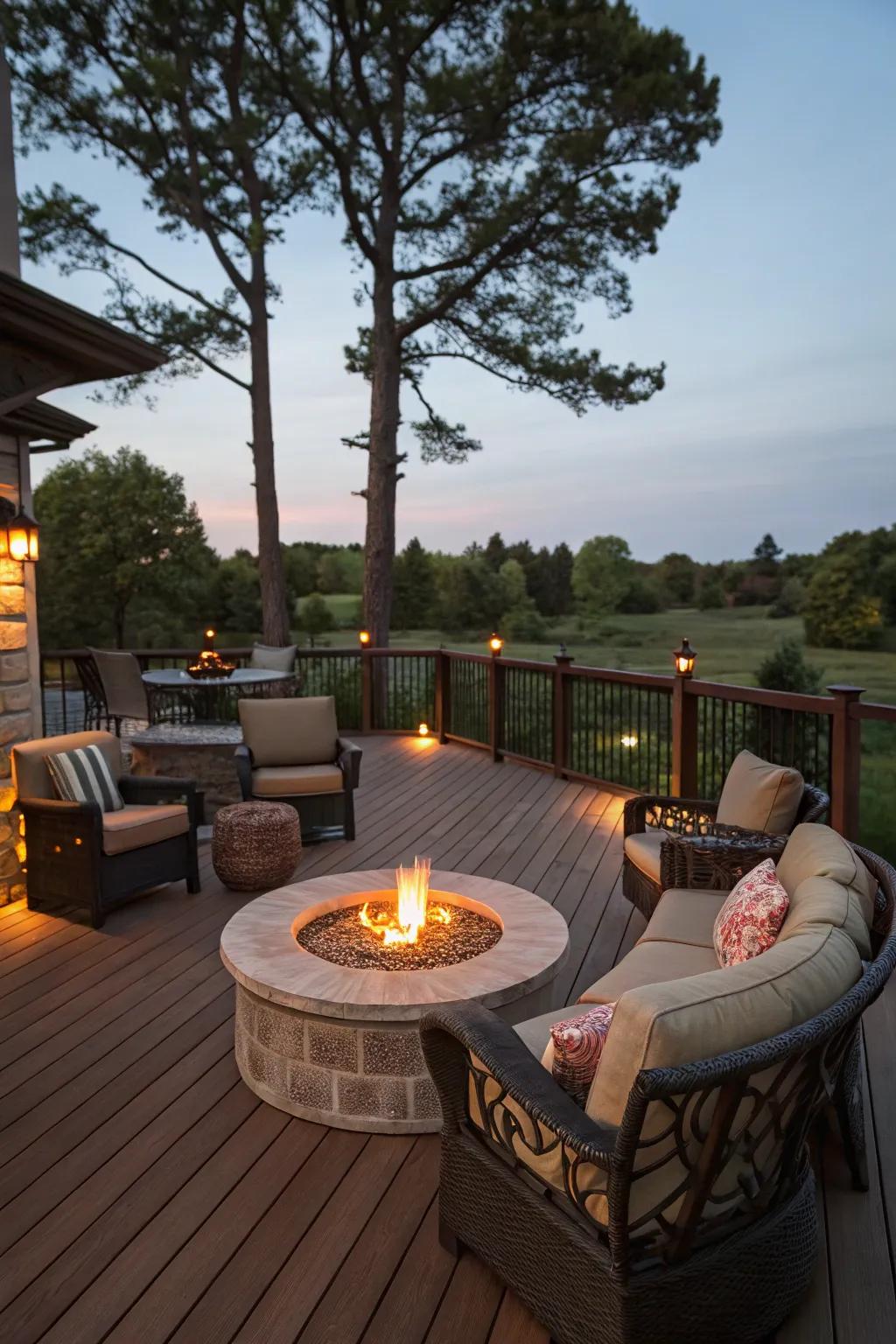 A central fire pit creates a warm and inviting gathering spot on the deck.