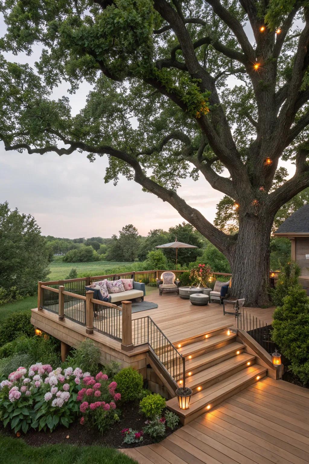 Deck thoughtfully built around a majestic tree, blending with nature.