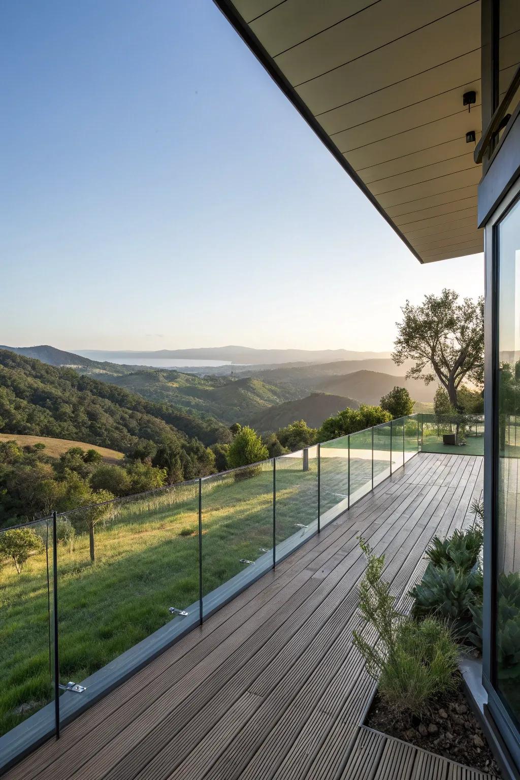 Glass railings provide unobstructed views, blending deck and nature.