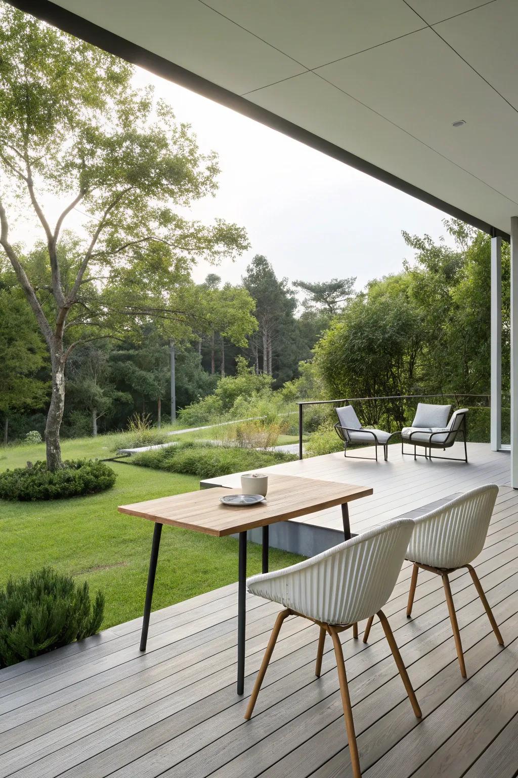 A minimalist deck radiates calm through clean lines and simple decor.