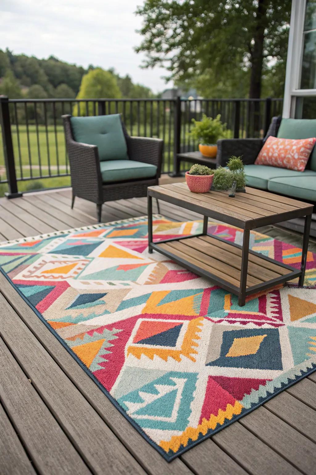 A colorful rug energizes the deck, creating a lively outdoor living area.