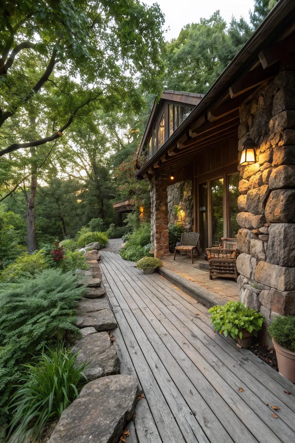 Natural wood and stone elements add rustic charm to this deck.