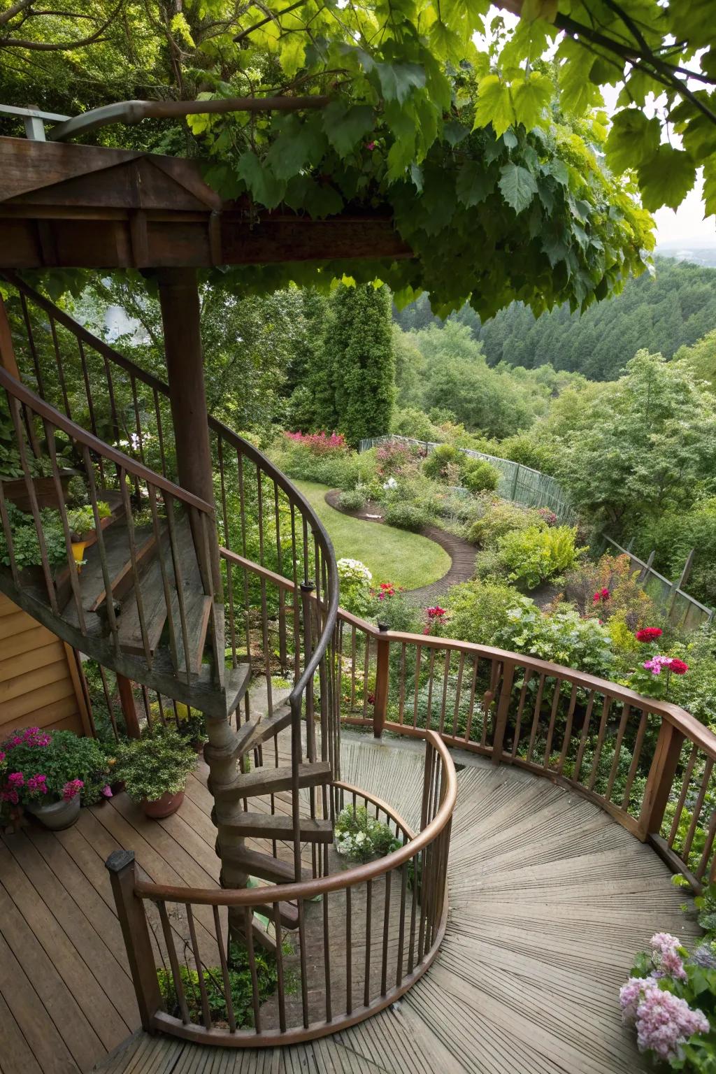 A spiral staircase combines elegance and practicality on this multi-level deck.