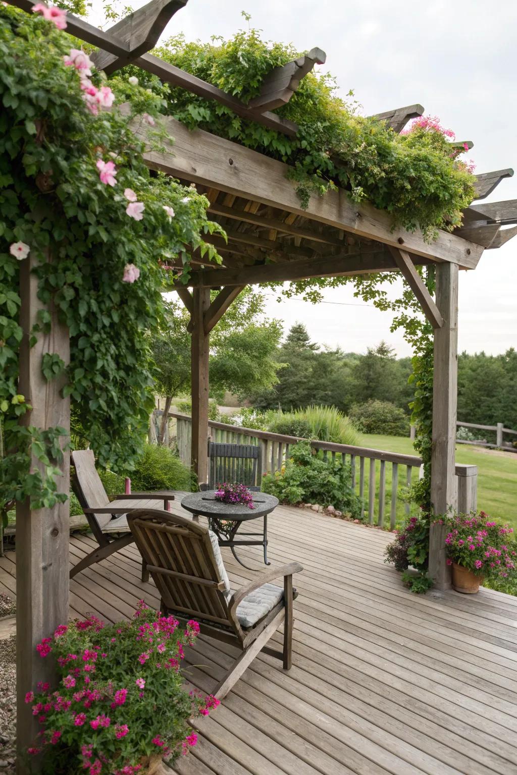 A pergola draped with greenery offers shade and natural beauty to this deck.